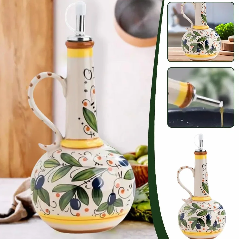 Oliera decorativa in ceramica per olio d'oliva, 500 ml, dipinta a mano, con beccuccio in acciaio inox, per oli, salse, aceto