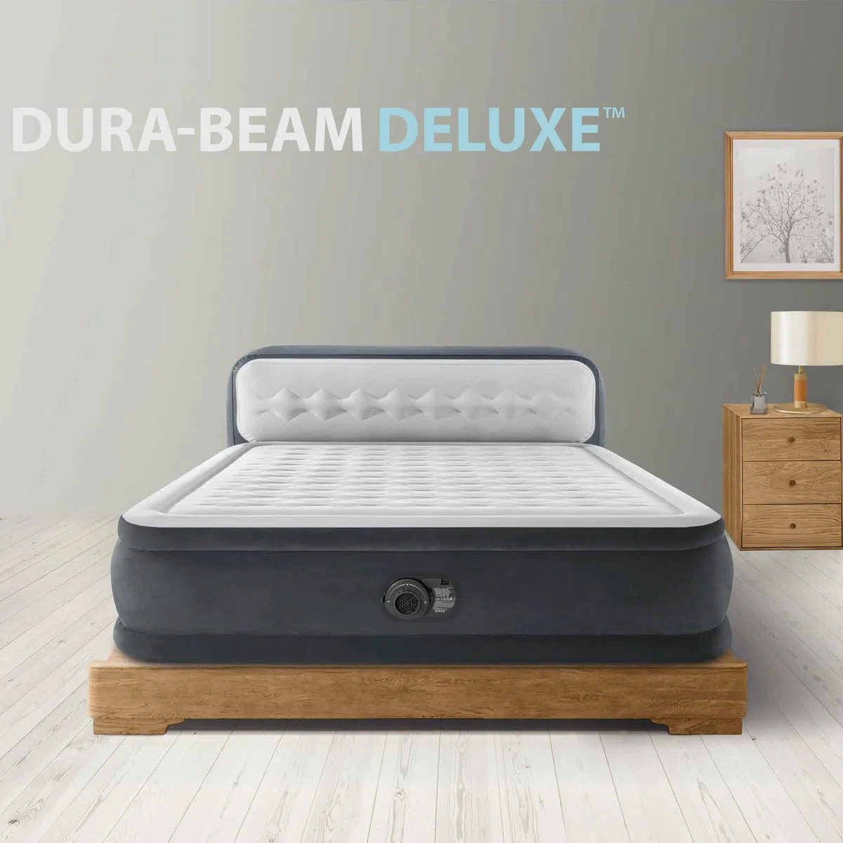 Intex 64448 Materasso Dura-Beam Con Schienale Tecnologia Fiber Tech Con Pompa Elettrica Incorporata, 152 x 236 x 86 Cm, Blu Navy