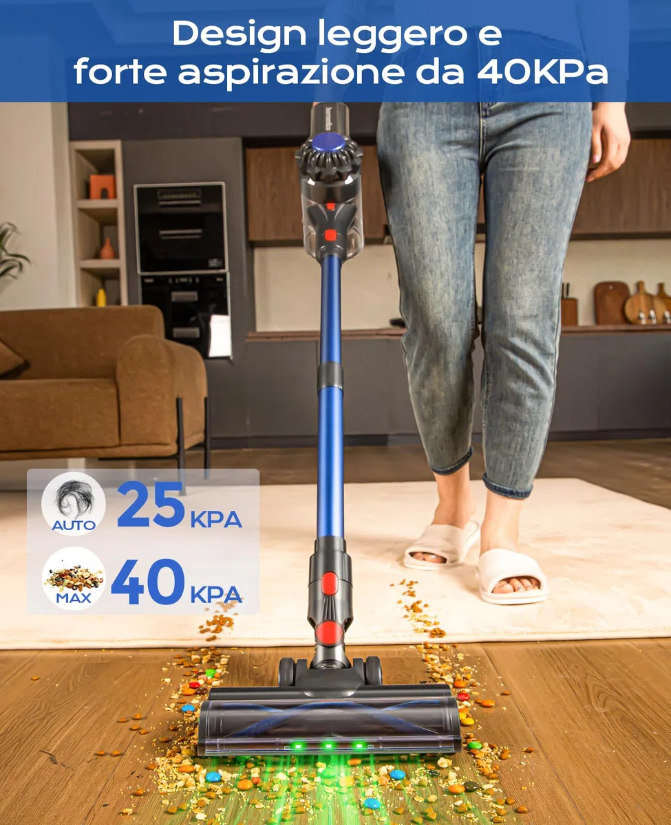 Aspirapolvere Senza Fili, 50Mins/450W/40KPA Scopa Elettrica Senza Fili, Aspirapolvere con LED Verde, Aspirapolvere Verticale con Batteria Rimovibile per Tappeti/Peli Animali, Blu