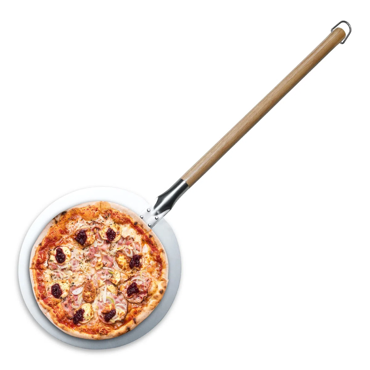 MasterPRO Foodies - Buccia per pizza da forno - In acciaio inox - Diametro 30,5 cm e lunghezza 87 cm - Manico lungo effetto legno - Testa rotonda - Testa rotonda