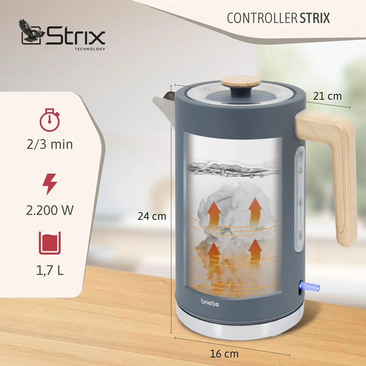 briebe Nordic Tostapane a Fessura Larga a 2 Fette, 6 Livelli di Tostatura, Pinze + Bollitore Elettrico 1,7L Cordless, Ebollizione Rapida 2200 W, senza BPA, Set Colazione Design Nordique, Grigio