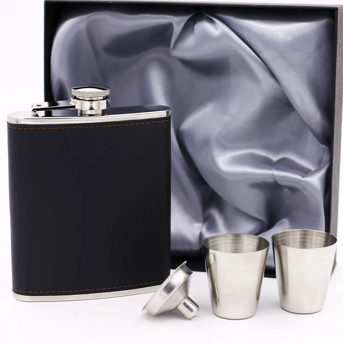 Set fiaschetta con imbuto e 2 bicchieri da vino, capacità 200 ml, per whisky, vino, liquori e liquori, fiaschetta per uomo, padre, nonno, fidanzato e testimone, confezione regalo nera