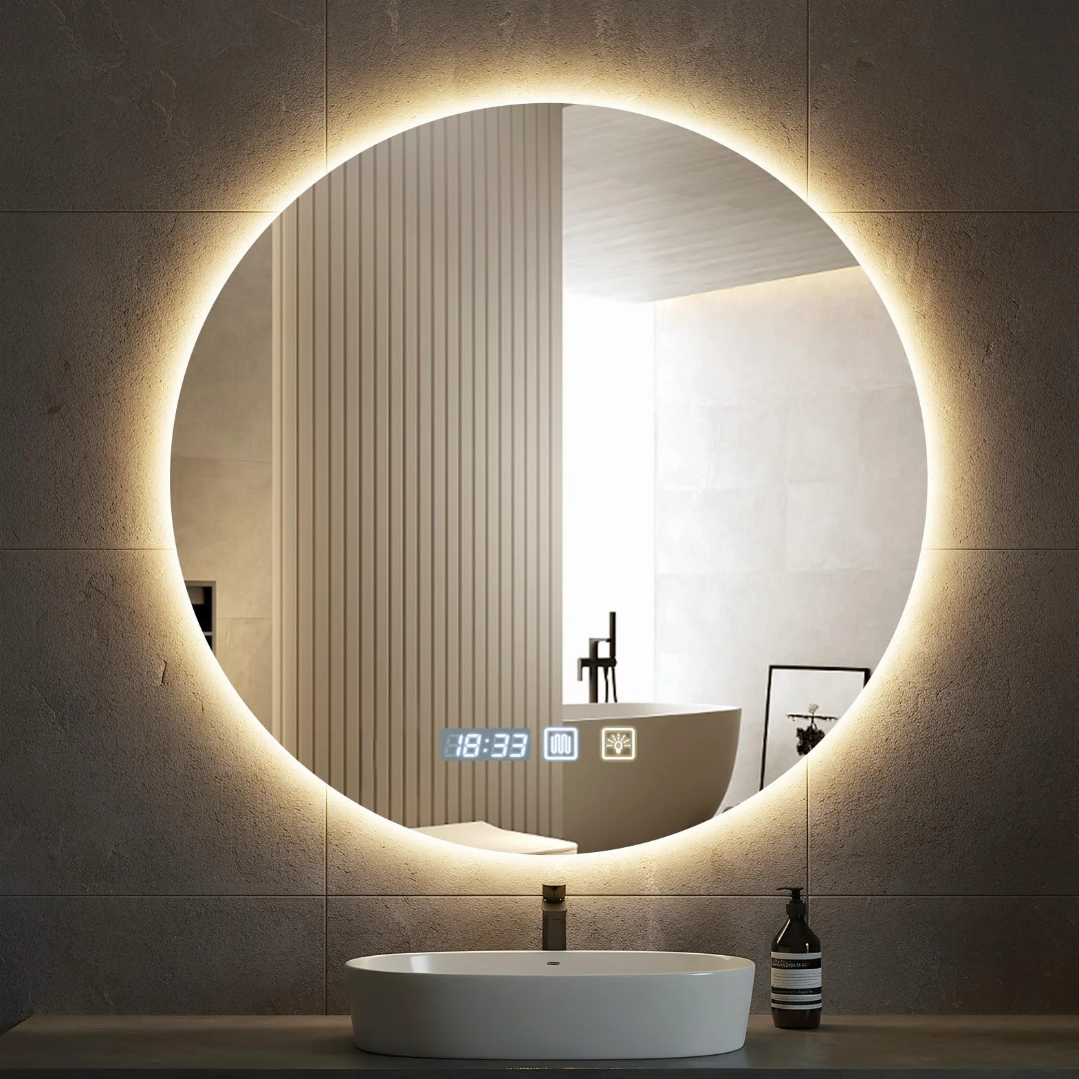 Sararoom 60 cm Specchio Bagno con Luce, Specchi da parete per bagno rotondo con orologio, Anti-Fog, Dimmerabile, 3 Colori Luci, Memoria, IP44 Specchio con luci retroilluminate, HD Vetro Temperato