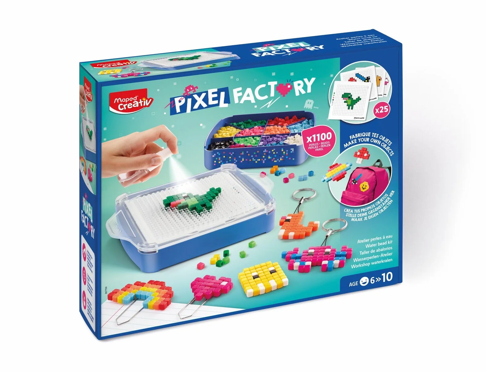 Maped Creativ Pixel Factory - Kit completo per creazione di oggetti in perle d'acqua in stile pixel art, modelli, perle d'acqua quadrate, griglia di creazione e accessori - attività manuale a partire