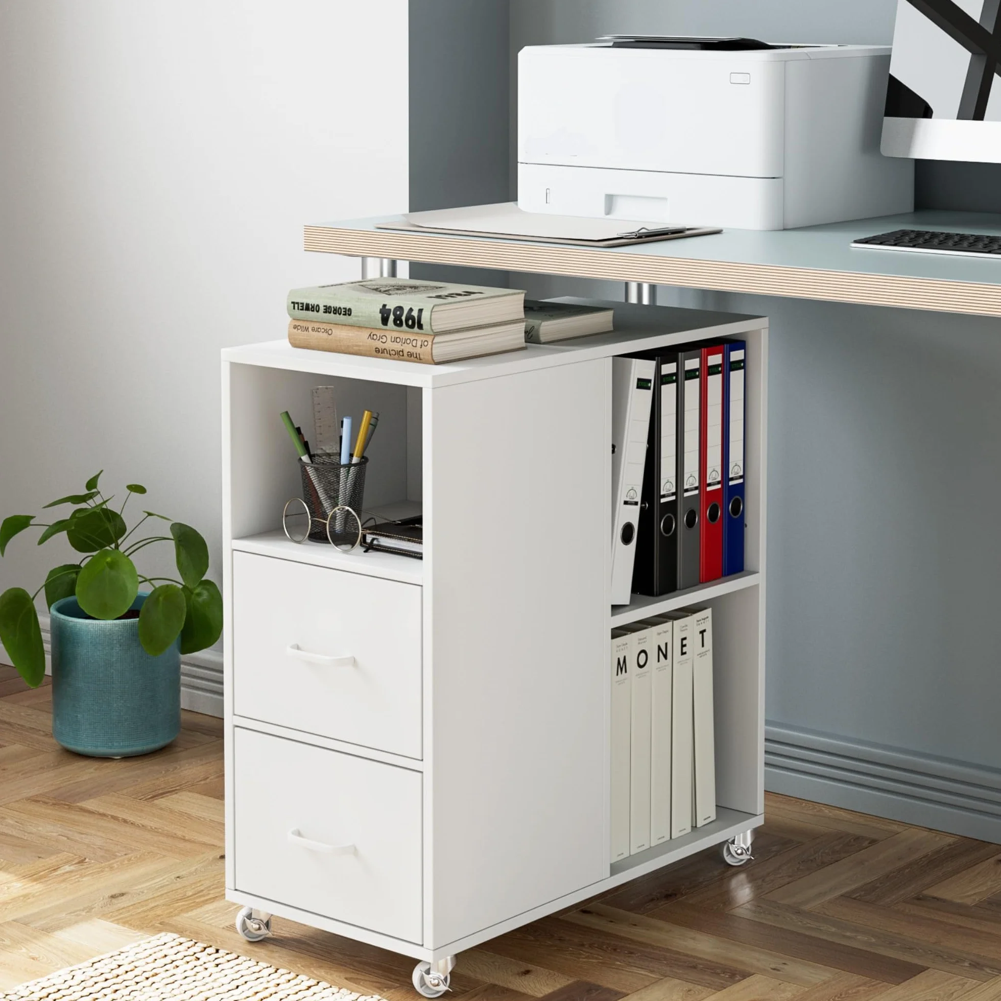 HOCSOK Armadietto da Ufficio con 2 Cassetti, Armadio di Archiviazione Rimovibile Sotto la Scrivania, Cassettiera Schedario da Ufficio, Bianco