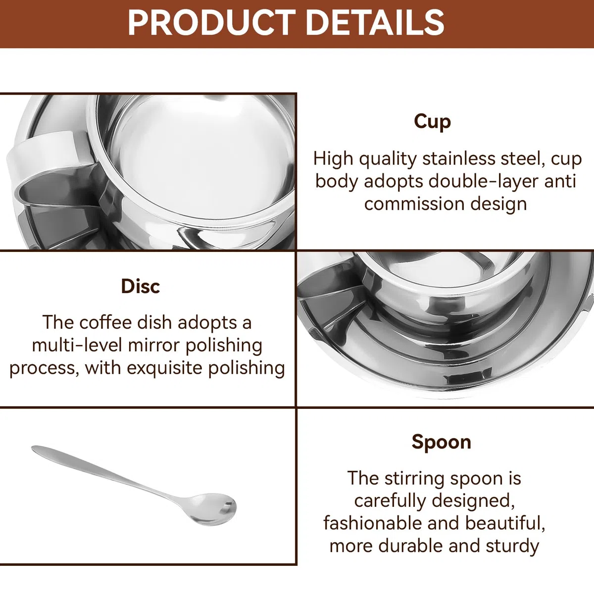 Agatige Set Di Tazza Da Caffè Tazza Da Caffè a Doppia Tazza in Acciaio Inoxparete Da 4 Once Con Piattino E Cucchiaio,Da Caffè Espresso per Tè E Caffè Cappuccino