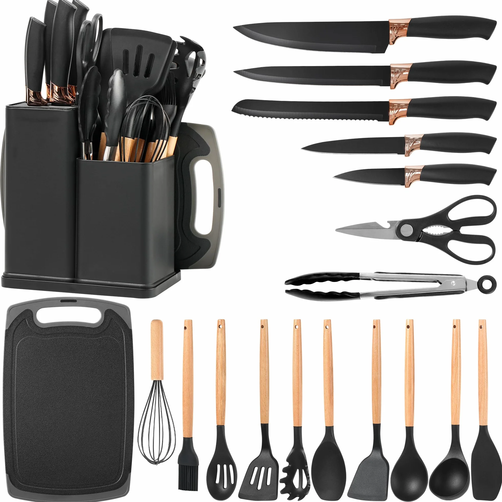 Vortix 19 Pezzi Set Utensili Cucina Silicone, Set Coltelli da Cucina con Porta Utensili, Mestoli Cucina Silicone con Manico in Legno, Nero