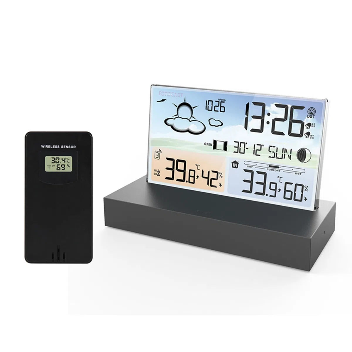 Stazione meteo Digitale con Sensore Esterno di Monitoraggio, Previsioni Meteo, Multifunzione Orologio, con Sveglia Tempo Data Igrometro, in vetro trasparente con Ampio Schermo LCD