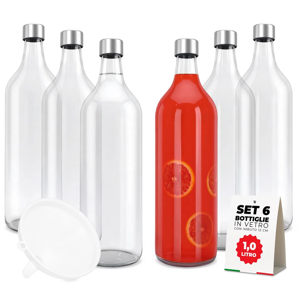 TUNDRA - Set 6 Bottiglie Vetro 1 litro - con 6 Tappi a Vite e 1 Imbuto | Linea ELVIA | Bottiglie da Tavola in Vetro: Resistenti, Lavabili in Lavastoviglie e BPA-Free - Per Acqua, Succhi, Bevande