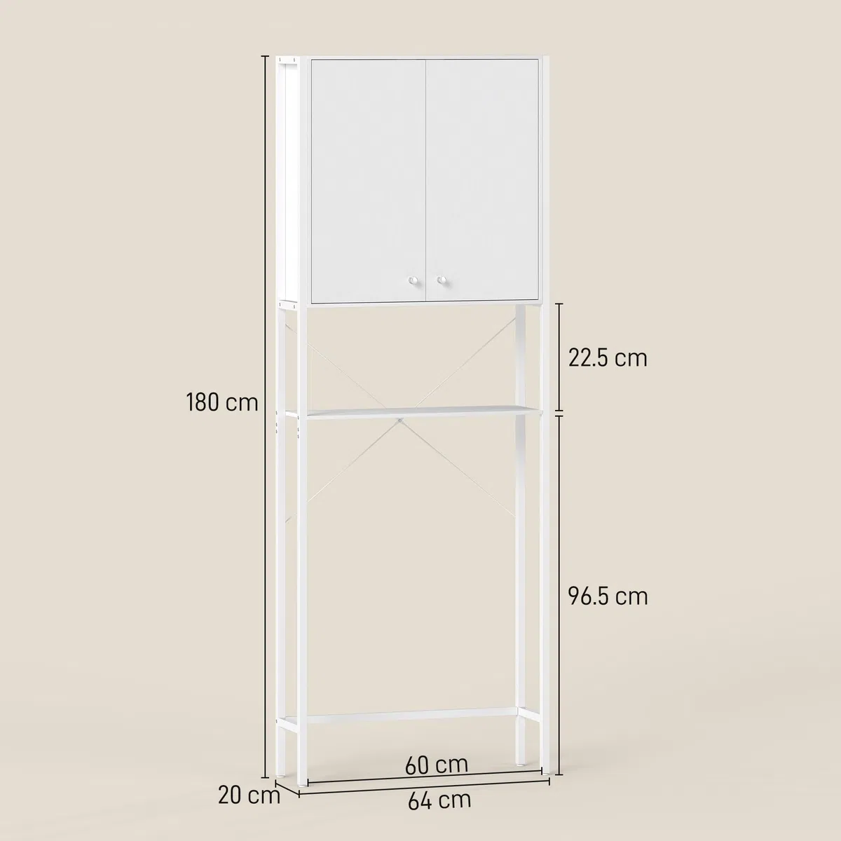 HOMCOM Mobile Bagno Sopra WC con Armadietto e Ripiano Aperto, Mobile Sopra Lavatrice Salvaspazio con Gambe in Metallo, per Bagno e Lavanderia, 64x20x180 cm, Bianco