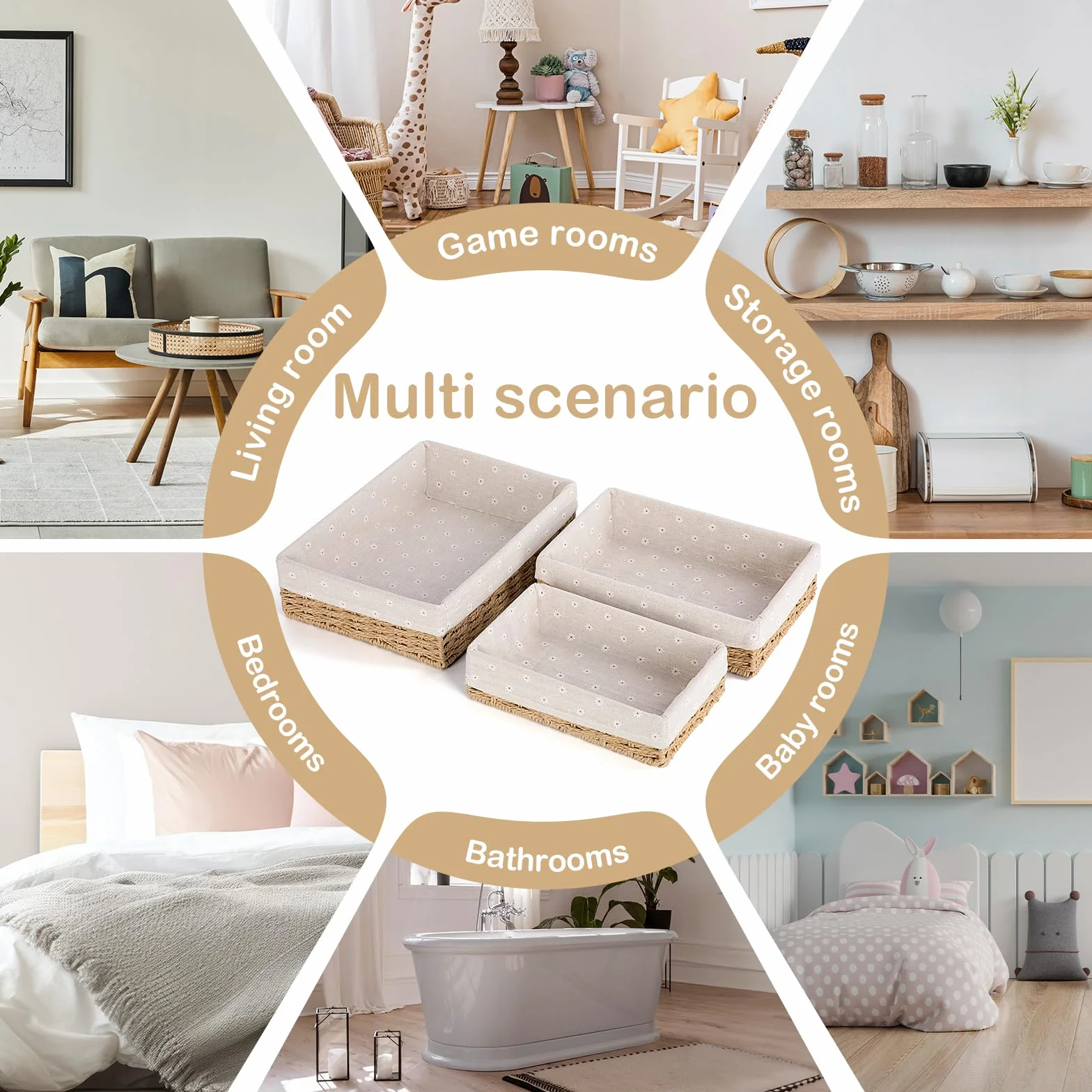 FoiiLiio Cestino Portaoggetti, Set di 3 Cestino Portaoggetti e Porta Giocattoli, Cesto in Corda di Carta, cestini portaoggetti Bagno Bambini per Camerette, Bagno, Cassetti, Cucine, Soggiorno (Beige)