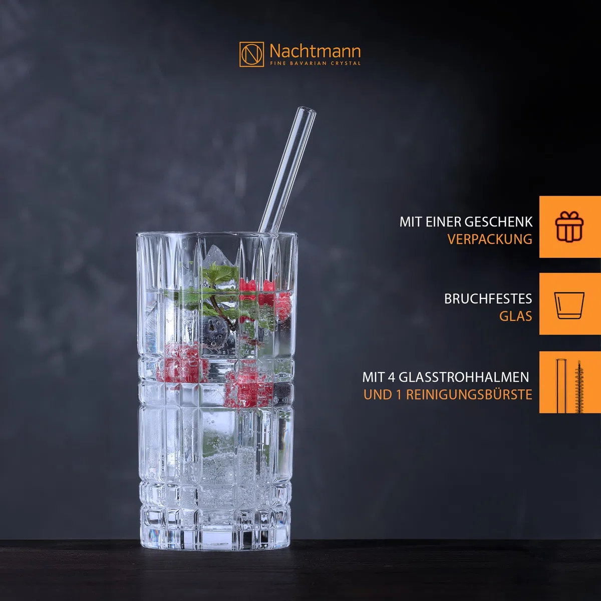 Nachtmann Bicchieri da long drink da 445 ml, 4 pezzi, con 4 cannucce di vetro e 1 spazzola per la pulizia, Tastes Good, 103144, bicchieri da cocktail in vetro di cristallo, bicchieri lavabili in