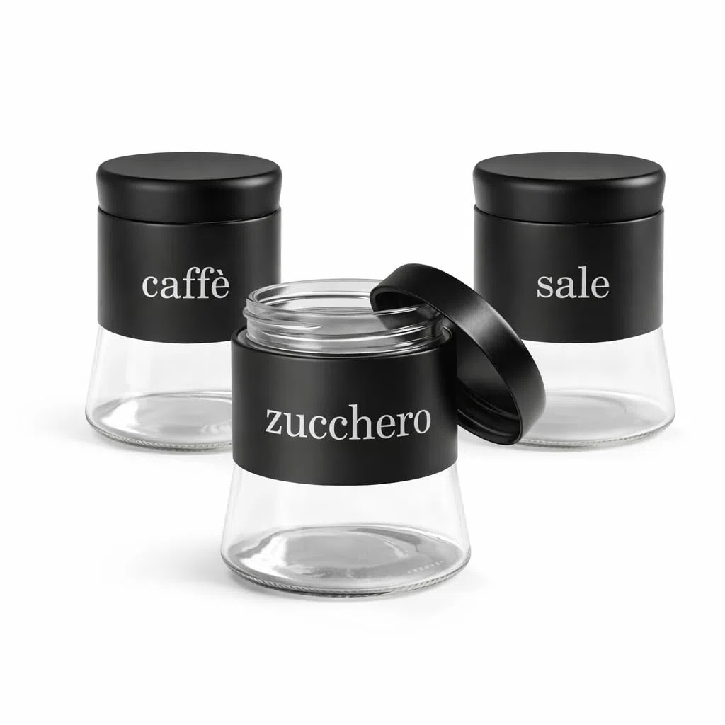Set 3 Barattoli in Vetro 750 ml per Sale, Zucchero e Caffè – Contenitori con Coperchio – Eleganti, Resistenti, Ideali per la Cucina, Vari Colori (NERO)