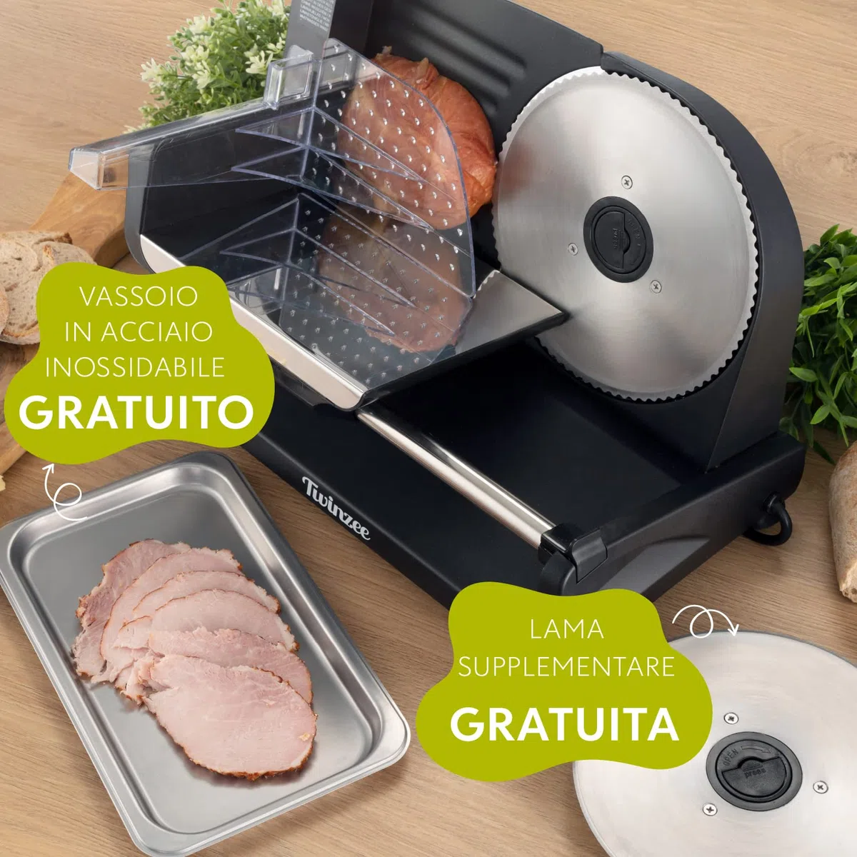 Twinzee Affettatrice Elettrica da Casa 150W Nera - 2 Lame, Spessore 0-15mm - Affettatrice Professionale per Salumi, Carne e Pane