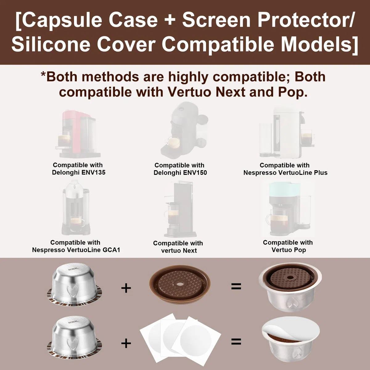 XIHIRCD Capsule Riutilizzabili per Macchina Nespresso Vertuo, Set di Capsule di Caffè Ricaricabili da 80 ml in Acciaio Inossidabile con Coperchio in Silicone Cucchiaio e Pennello