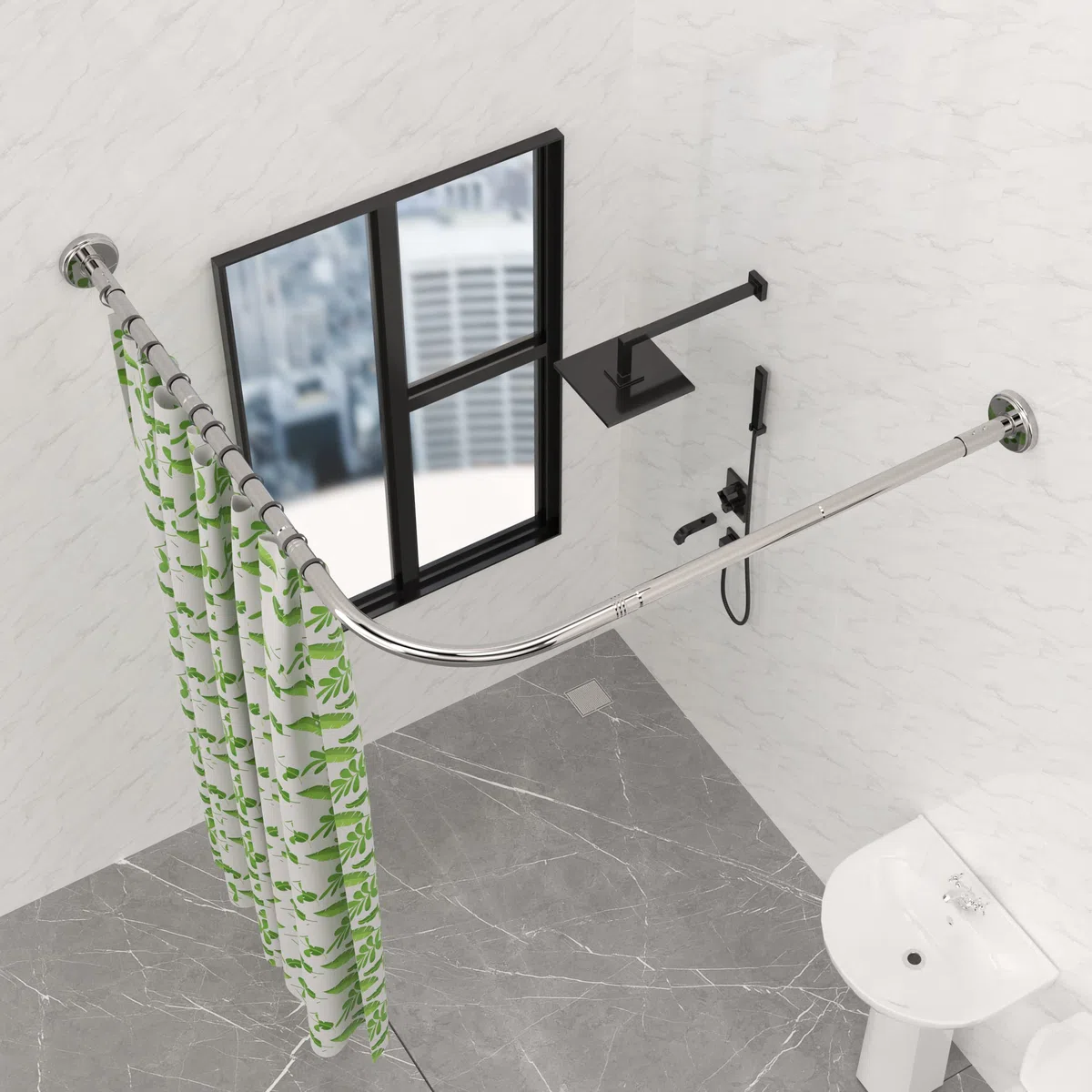 Asta per Tenda Doccia L Forma, Regolabile Bastone Tenda Doccia Angolare in Acciaio Inox, 75x170 cm Tubo Tenda Doccia con Inox Anelli, per Vasca da Bagno Bagno Spogliatoio Armadio, Forata