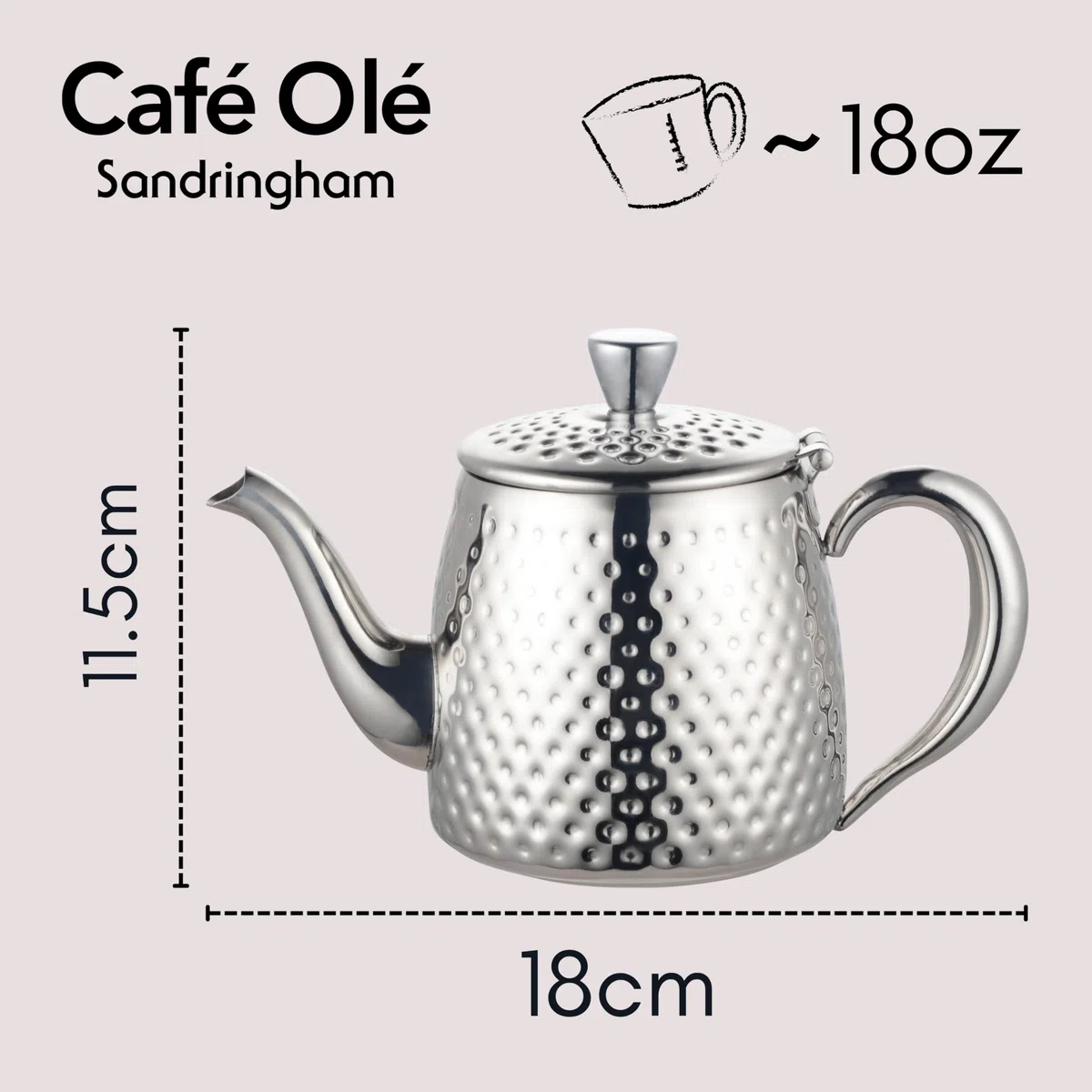 Café Olé SDT-018 - Teiera Sandringham, 500 ml, in acciaio inox 18/10 lucidato a specchio con finitura martellata