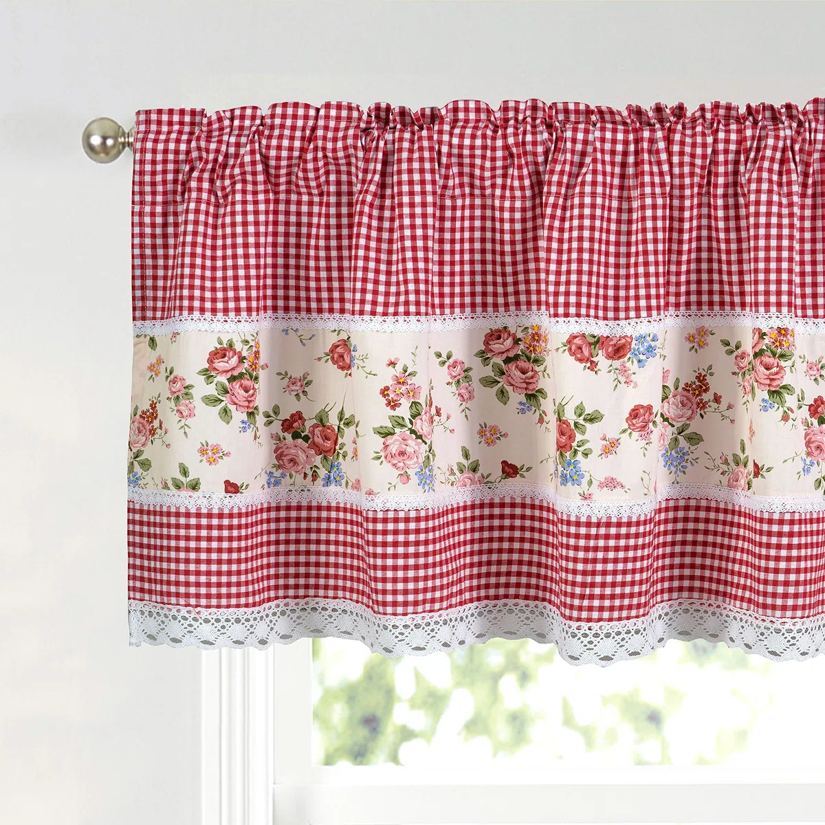 Dreamskull - Tendina da cucina, stile rustico, corta, opaca, con asta, con fiori, pizzo e quadretti, larghezza 150 cm