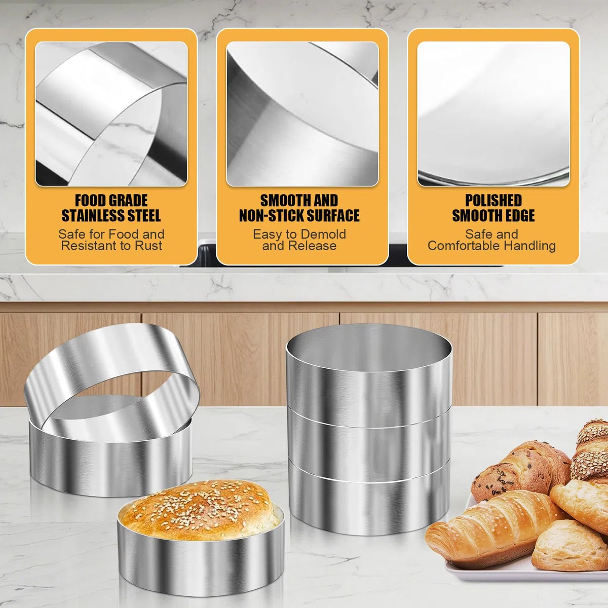 6 anelli per hamburger Ø 10 cm – 10 x 4 x 0,1 cm in acciaio inox, anelli da dessert e set di anelli per cuocere, cucinare, dessert, mousse, dolci, mini torte, muffin