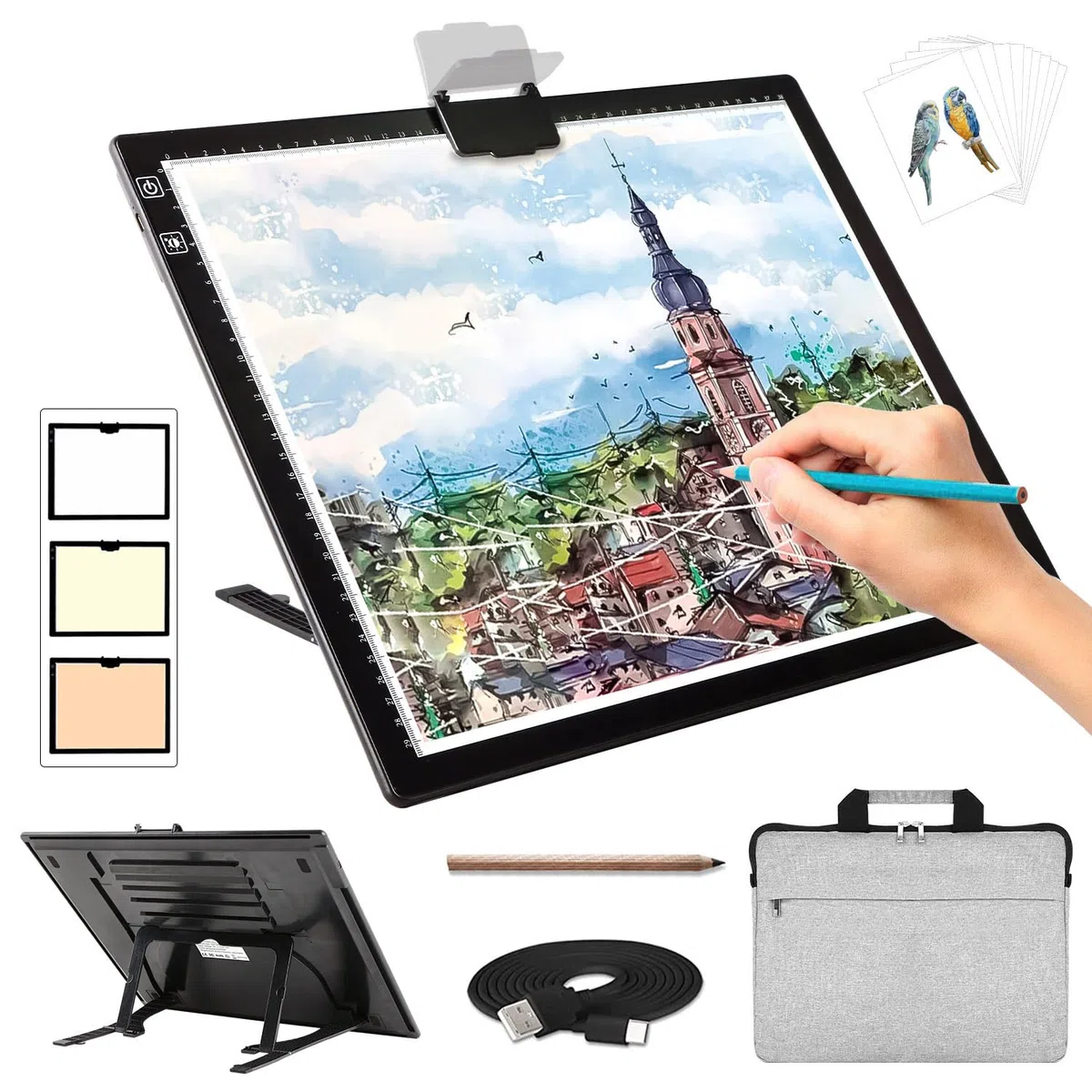 Zocelight Blocco luminoso ricaricabile A3 per pittura a diamante con custodia imbottita, lavagna luminosa con supporto, 3 colori continui dimmerabili e 6 livelli di luminosità scatola luminosa per