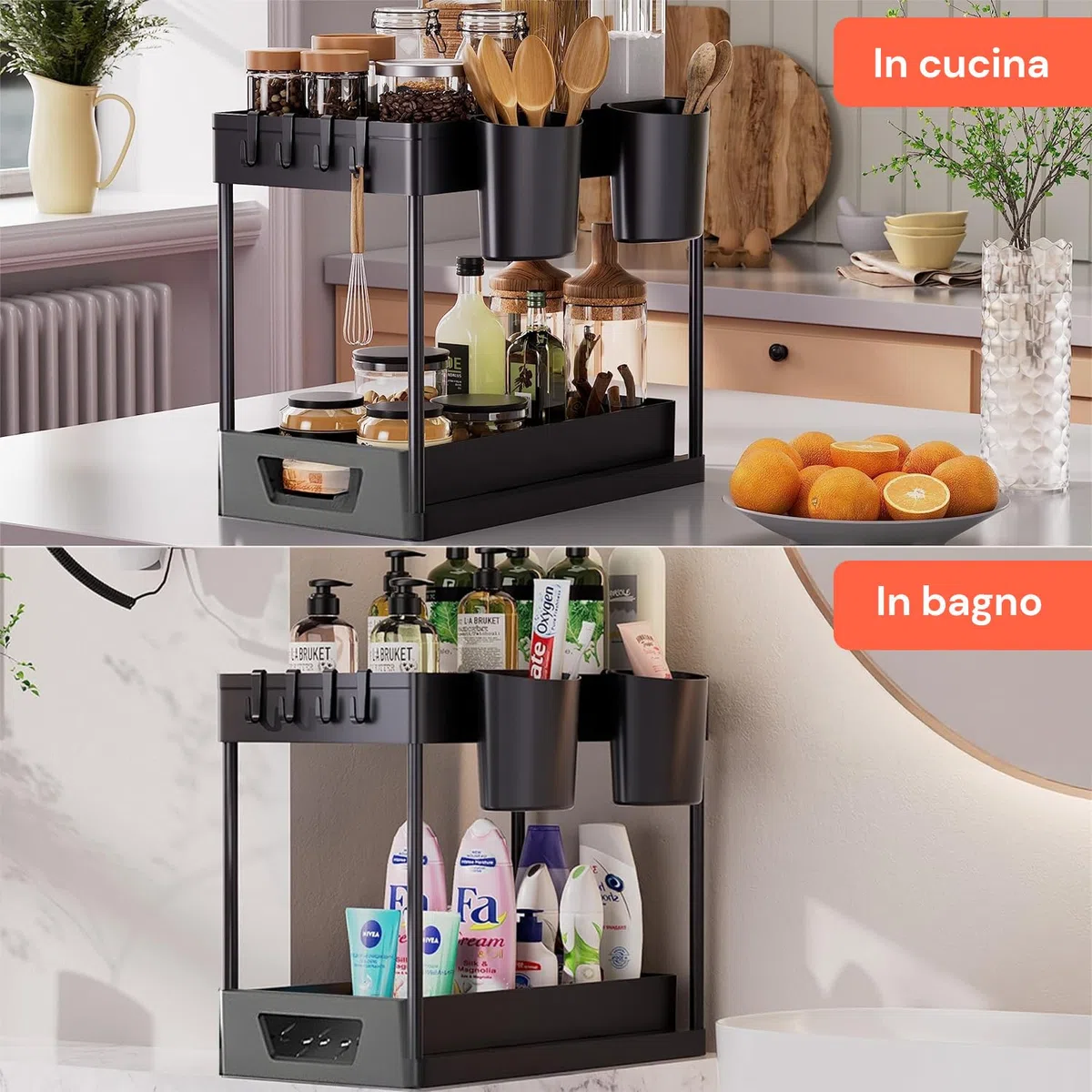 Avilia - Organizer Sottolavello Cucina a 2 Ripiani con Cestelli e Ganci per Ottimizzare Spazio in Bagno e Cucina, Facile da Montare, Ideale per Detergenti e Accessori di Uso Quotidiano