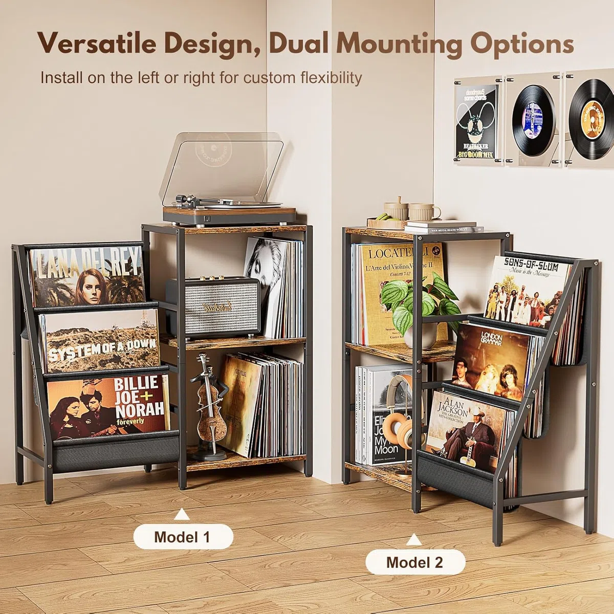 Mobile Giradischi e Porta Vinili, Porta Dischi Vinile, Vinili da Parete a 3 Livelli, Mobile per Giradischi e Vinili Archiviazione fino a 200 Albums, Cds