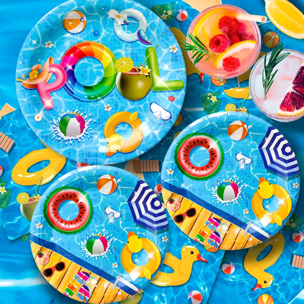 Set di stoviglie per feste in piscina, 97pcs decorazioni per feste in piscina tovaglia, piatti di carta, tovaglioli e bicchieri, per decorazioni da tavola per feste per 24 ospiti