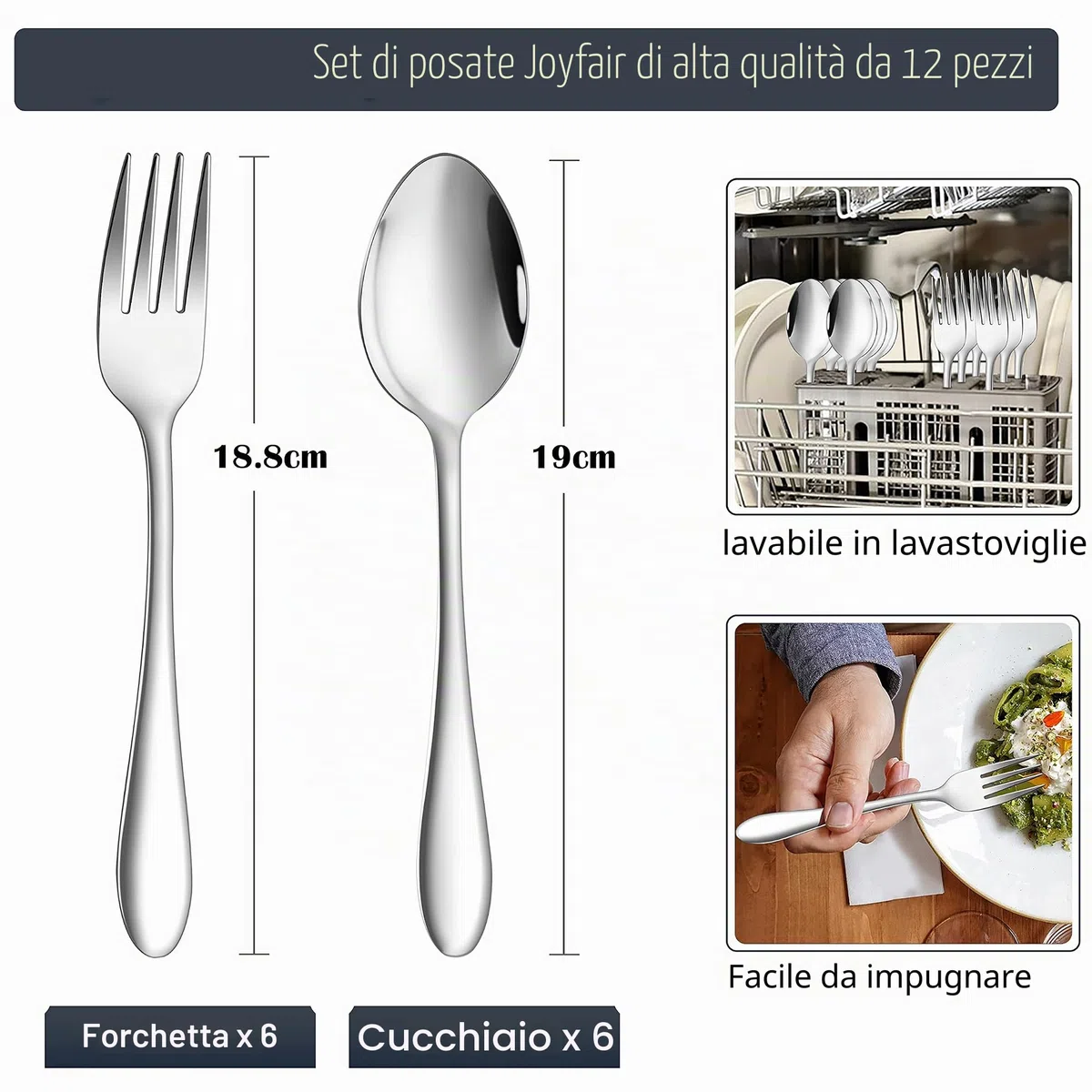 Joyfair - Set di 12 forchette e cucchiai, in acciaio inox, per casa, ristorante, hotel, lucido e lavabile in lavastoviglie, 6 cucchiai (18,8 cm) + 6 forchette da tavola (19 cm)