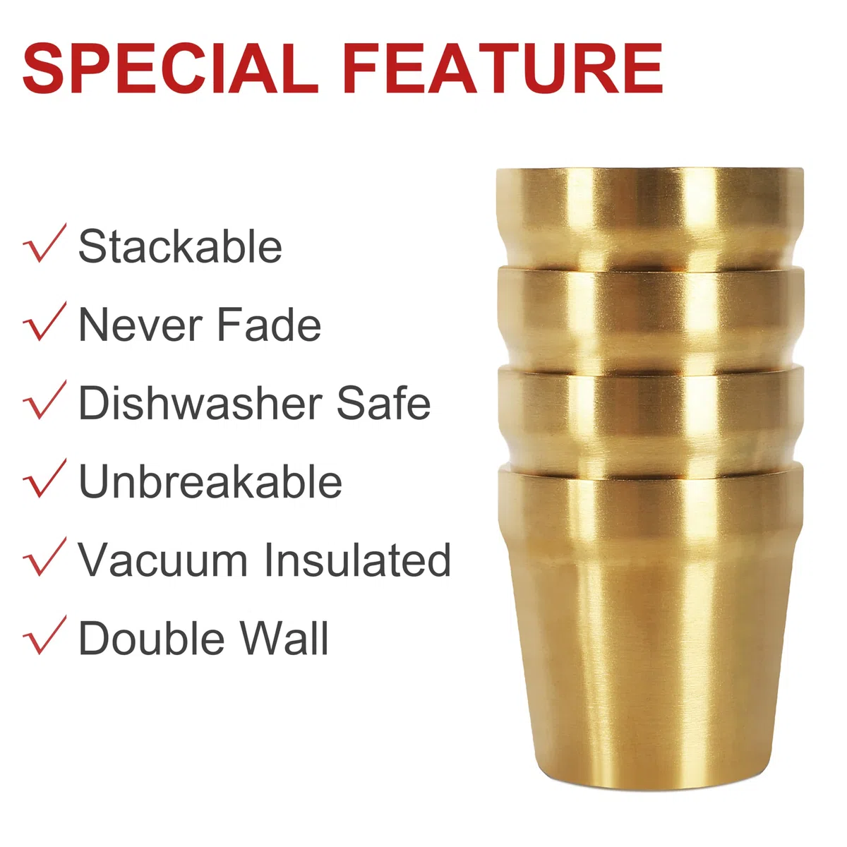 Youda Bicchieri in Acciaio Inox(Set di 4, Oro) Impilabili, Tazza da caffè/Tazza da tè/Bicchieri da Birra per Abbattere, Per i viaggi, Outdoor, Camping e tutti i giorni, 6oz(175ml)