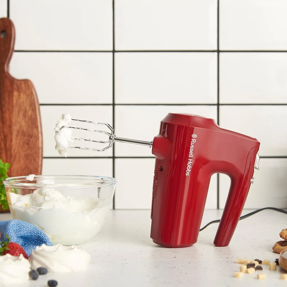 Russell Hobbs Sbattitore Desire Rosso (5 velocità + funzione Pulse, 2 fruste e 2 ganci impastatori cromati lavabili in lavastoviglie, Supporto per ciotola e base d’appoggio, 350W)27152-56