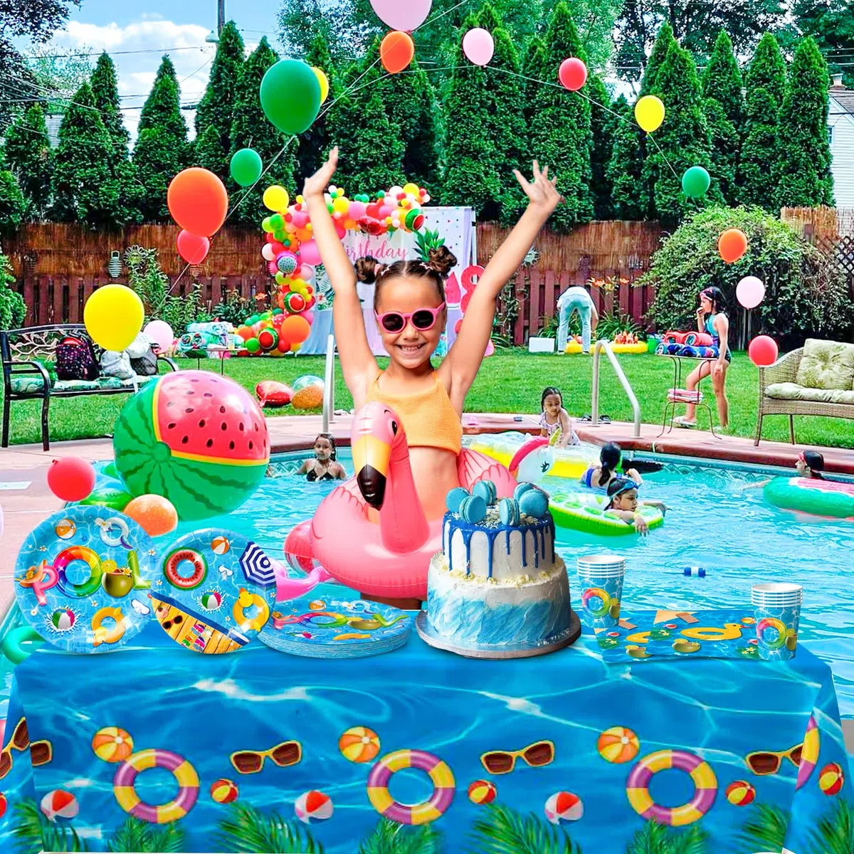 Set di stoviglie per feste in piscina, 97pcs decorazioni per feste in piscina tovaglia, piatti di carta, tovaglioli e bicchieri, per decorazioni da tavola per feste per 24 ospiti